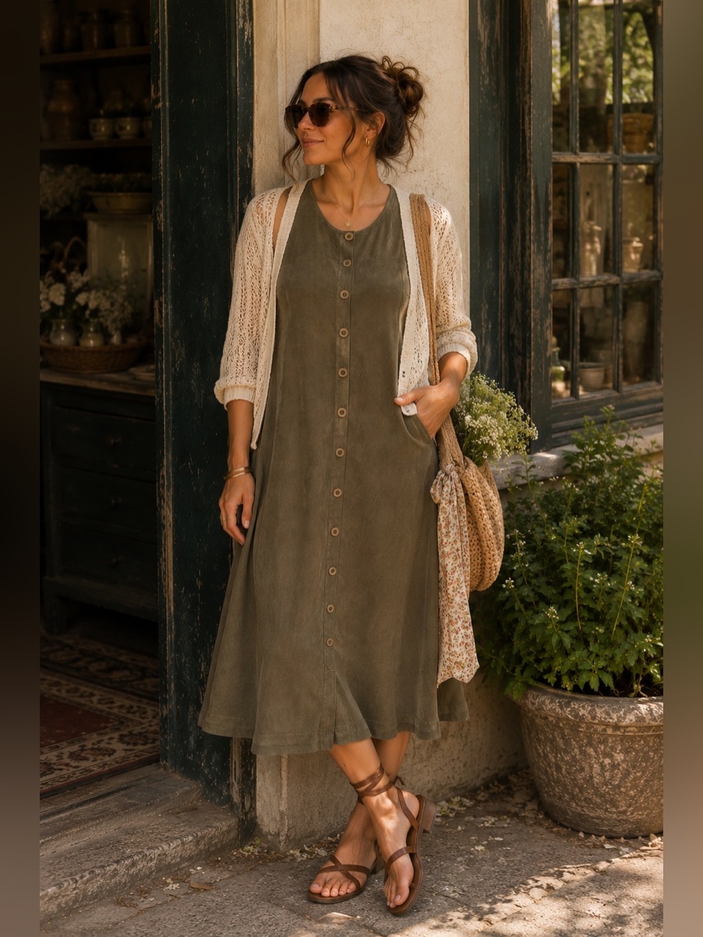 Earthy Minimalist Cottage Core Faux Suede Midi Dress Button Front